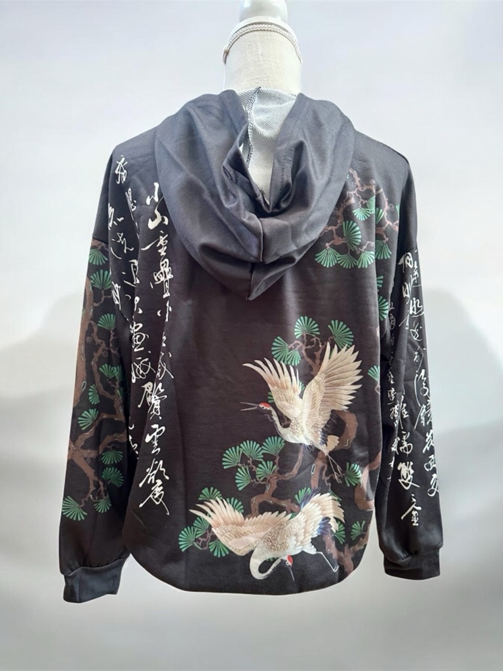 Romwe Sz SM hoodie sweatshirt front pouch cranes Japanese design NWT - Picture 3 of 9
